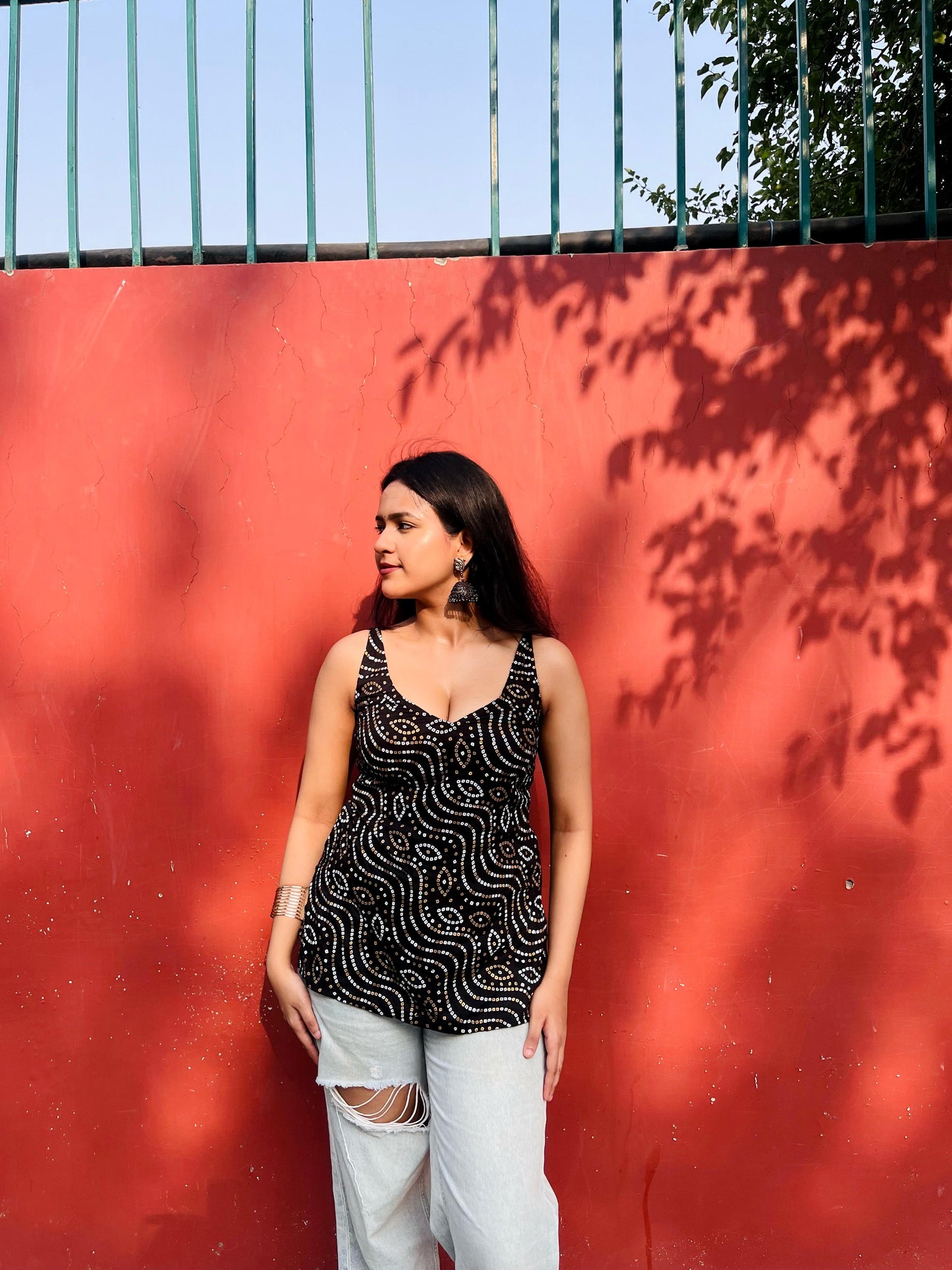 Black Sleeveless Kurti with Golden Foil Print