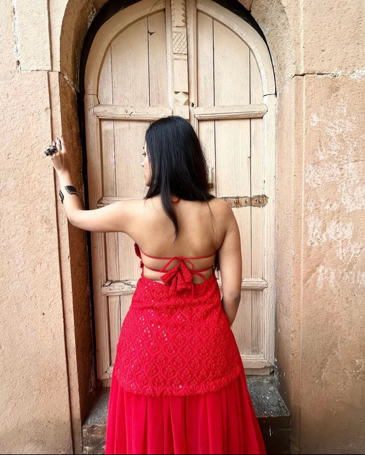 Red chikankari backless kurti