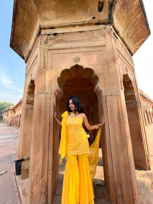 Yellow floral embroidery kurti
