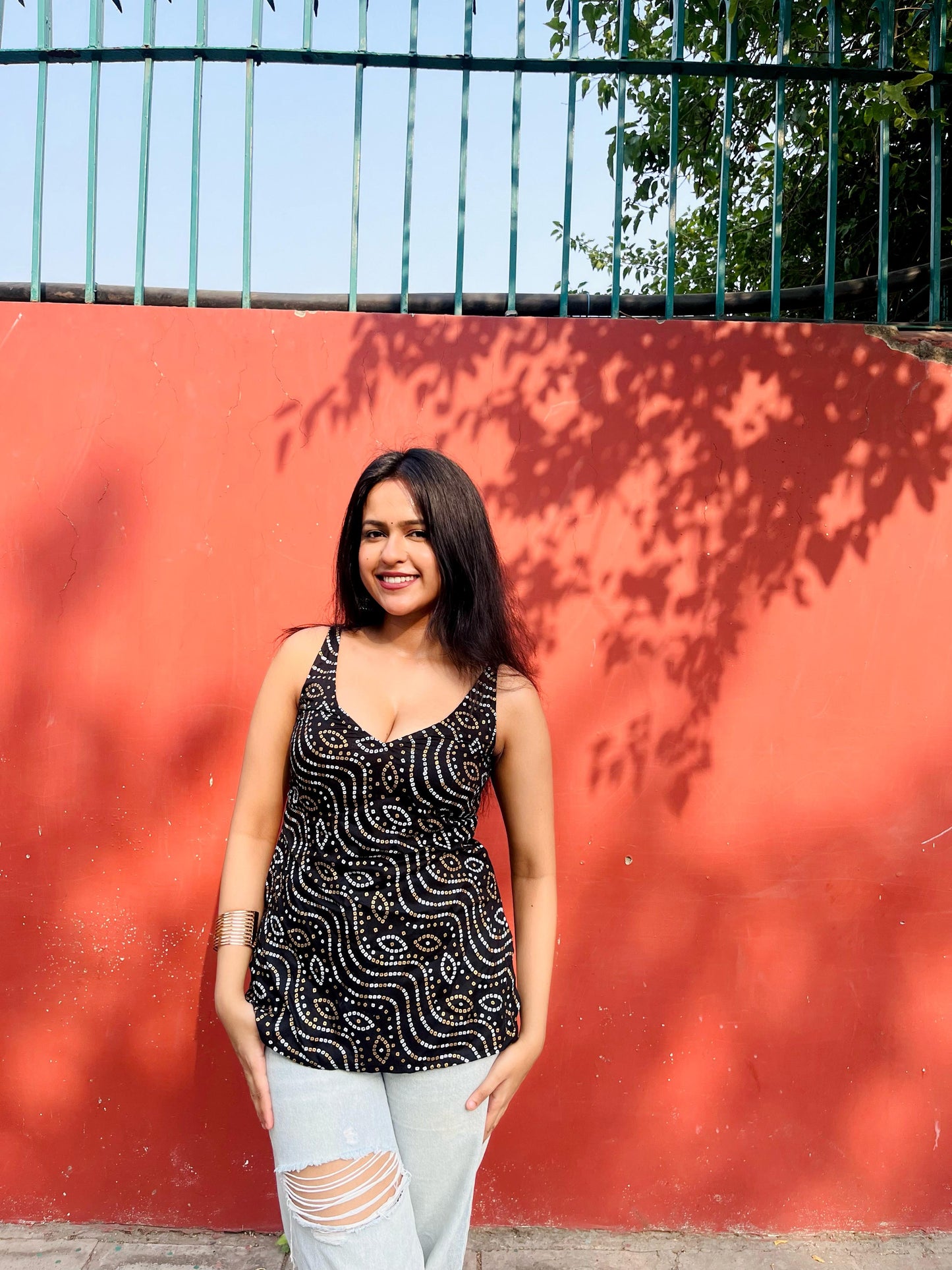Black Sleeveless Kurti with Golden Foil Print