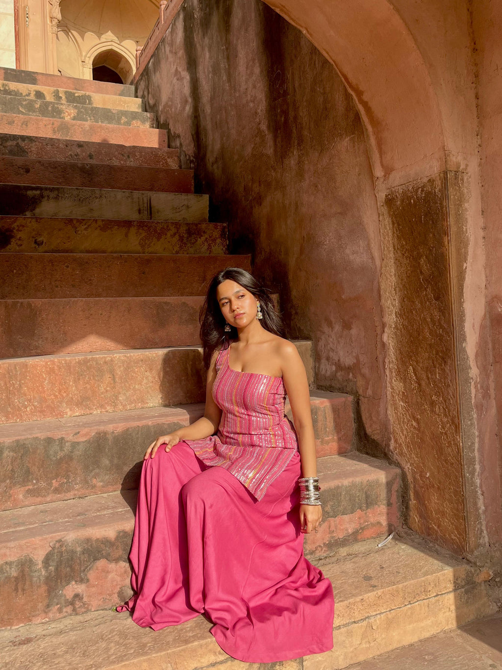 Pink one shoulder sharara set