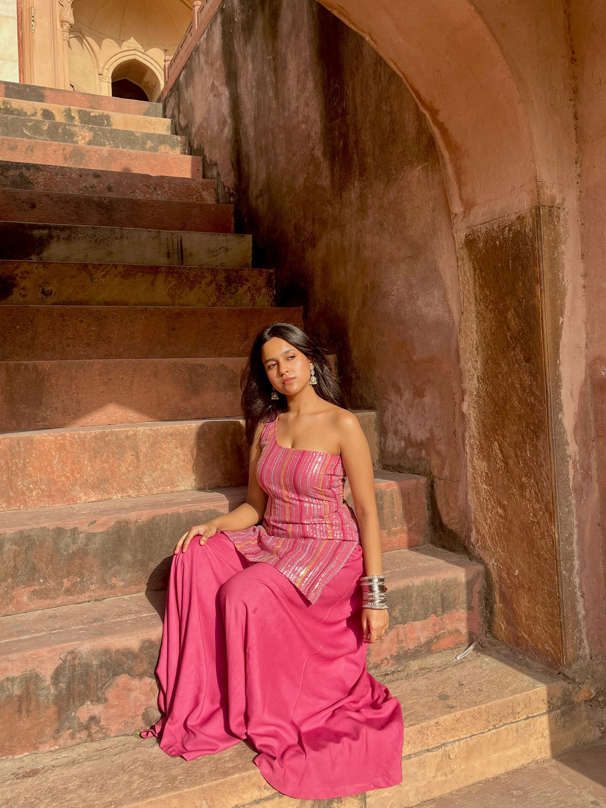 Pink one shoulder sharara set