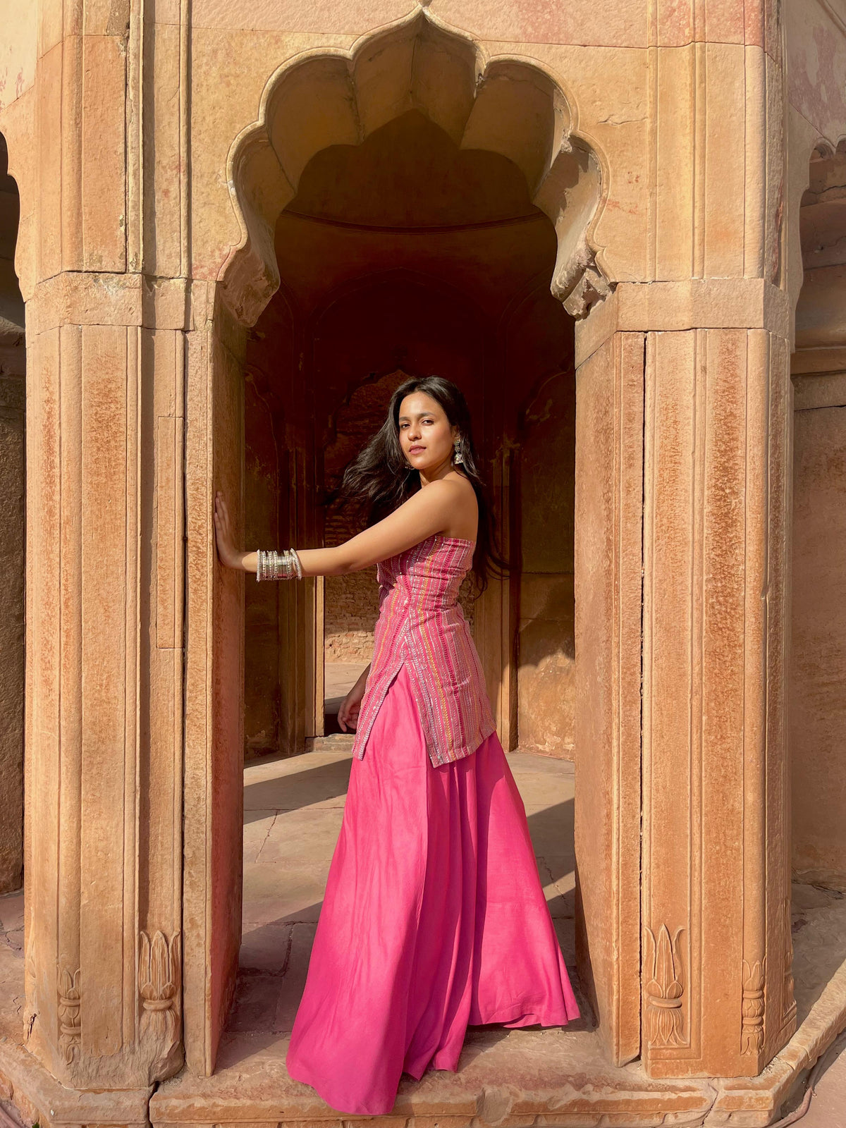 Pink one shoulder sharara set