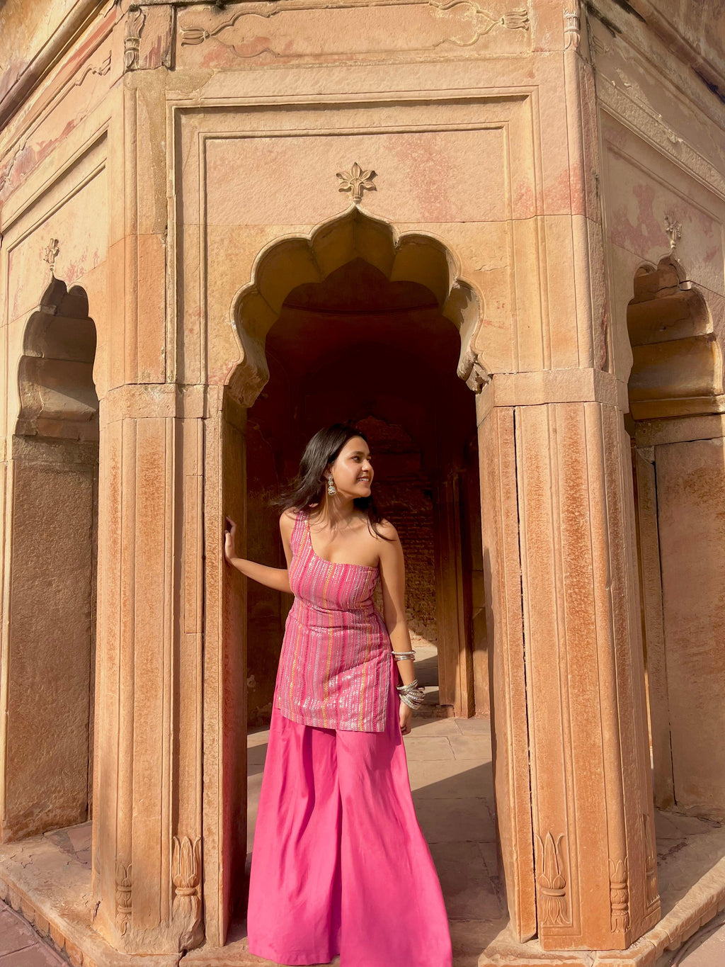 Pink one shoulder sharara set
