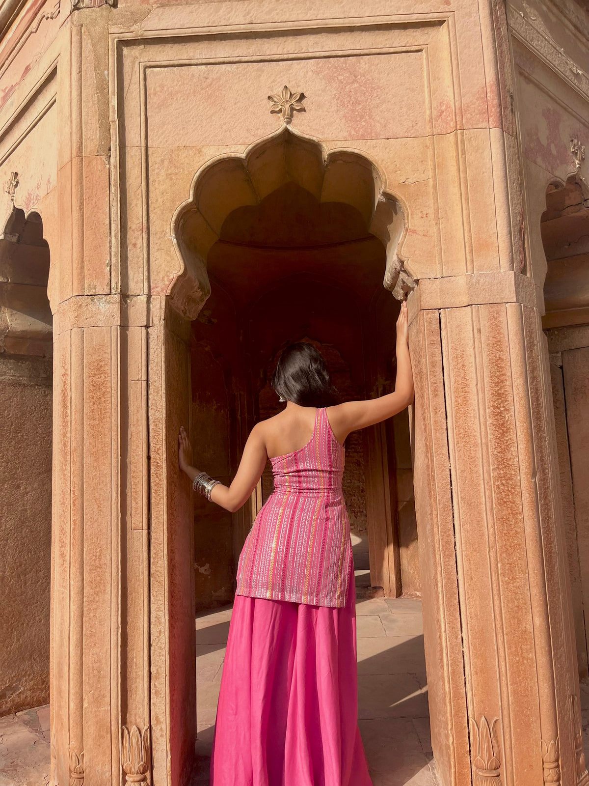Pink one shoulder sharara set